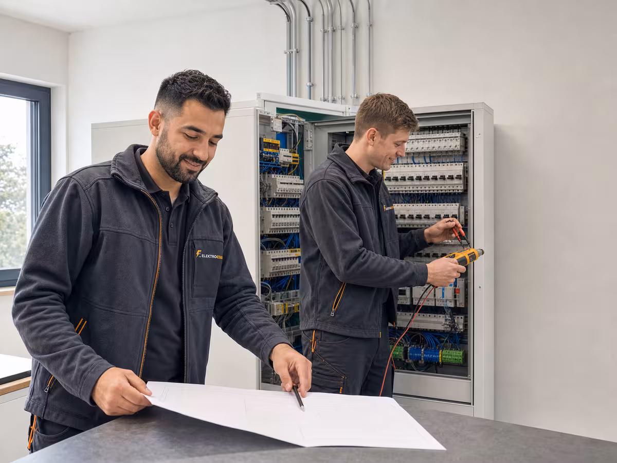 Zwei Elektro-Eser-Mitarbeiter planen und prüfen eine Elektroverteilung